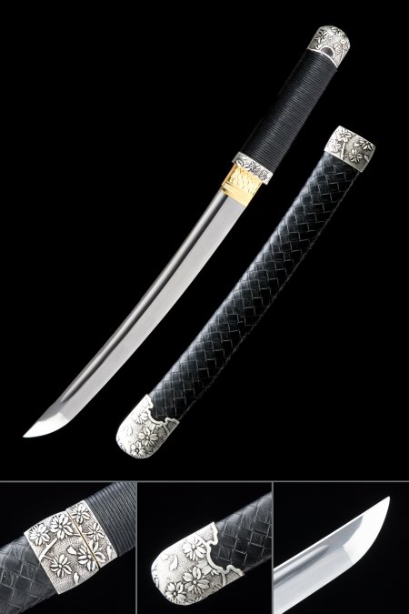 Handmade Japanese Tanto Sword With Black Leather Scabbard