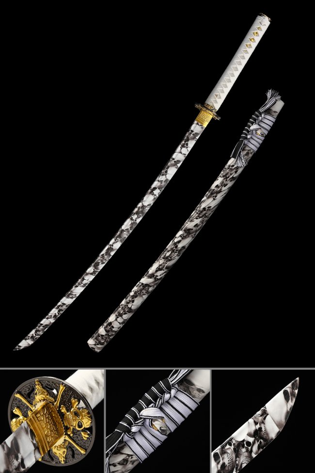 1060 Carbon Steel Skull Katana with Skull-Print Saya in White - Full Tang Collectible