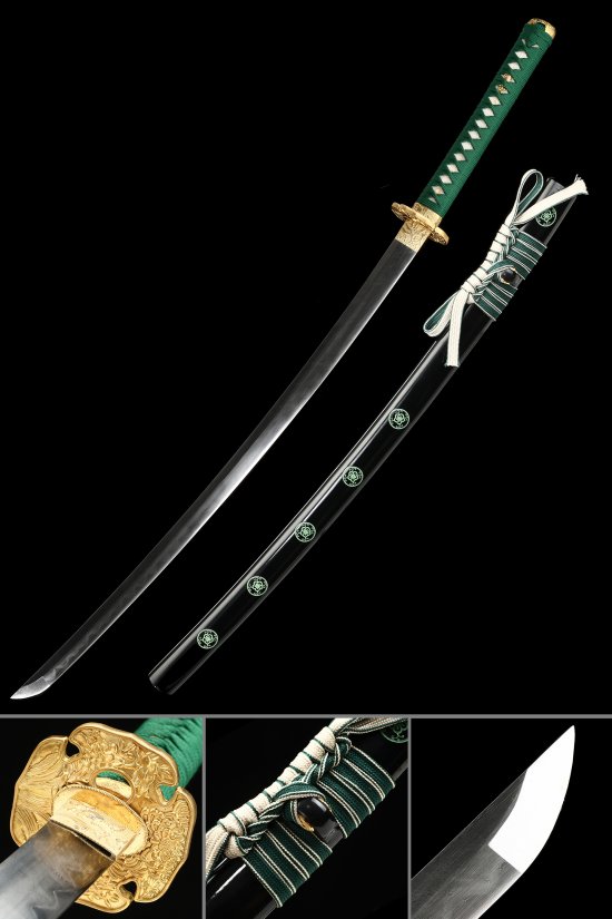 T10 Steel Full Tang Katana with Real Hamon in Green Ito - Gold Peony Tsuba & Black Lacquer Saya