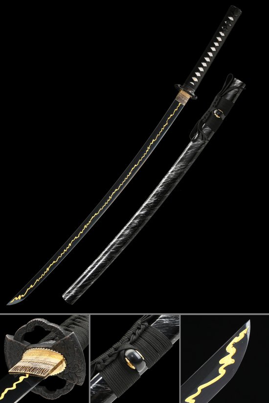 Ornate Scroll Tsuba 1095 Carbon Steel Katana, Full Tang, Handmade & Black Saya