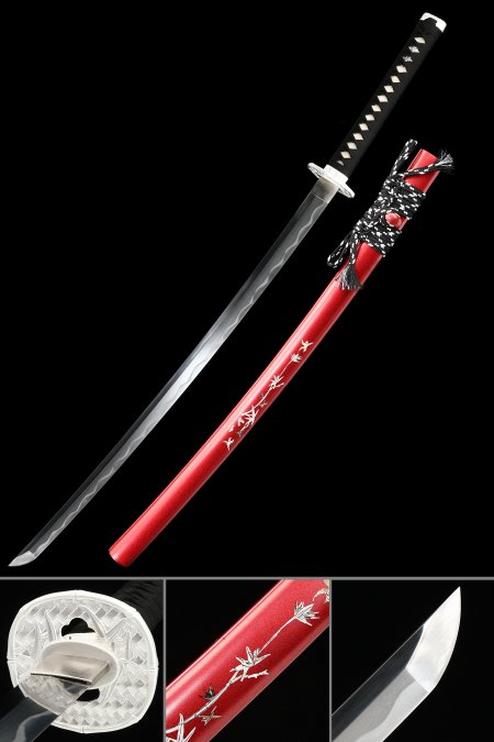 Handcrafted T10 Carbon Steel Katana With Red Lacquer Saya, Bamboo-themed Tsuba