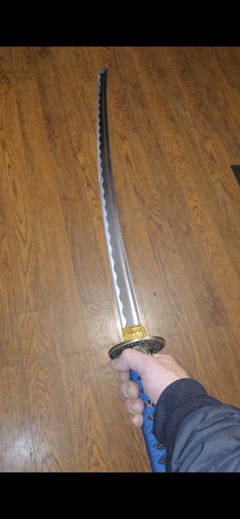 1045 Carbon Steel Katana with Blue Ito Handle and Gold Floral Tsuba - Full Tang Japanese Sword in Black Hardwood Saya