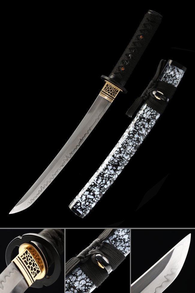 T10 Folded Clay Tempered Tanto with Real Hamon in Granite Piano Lacquer Saya - Black Ito Wrap with Gold Musashi Tsuba