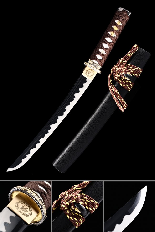 Manganese Steel Tanto with Black Blade in Hardwood Lacquer Saya - Brown Tsuka, Gold Tsuba