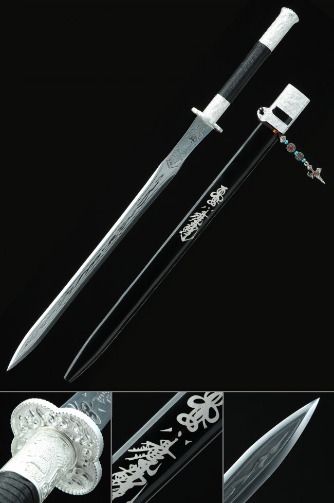 Chinese Jian Sword - Manganese Steel Double Edged With Engraved Black Scabbard & Silver Fittings 41 Inches