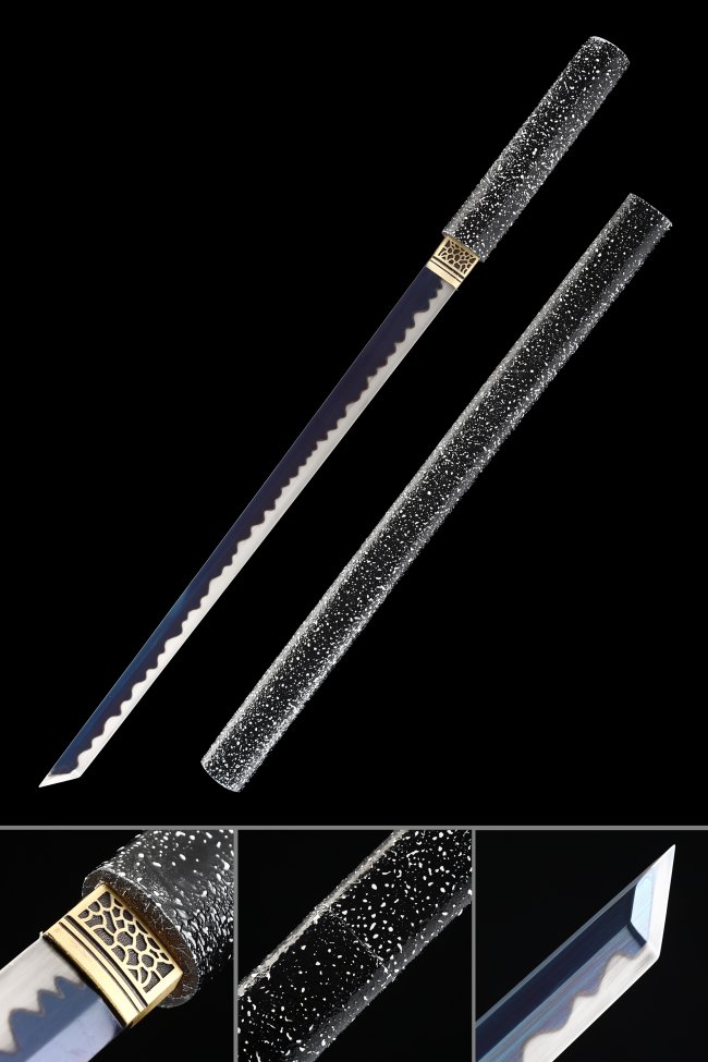Shirasaya Ninjato with Dark Blue Hamon Blade in Black-White Speckled Wood Scabbard, Gold Tsuba