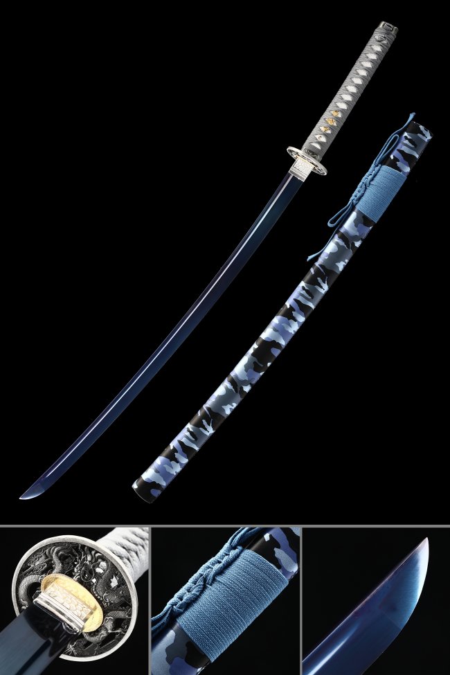 Blue Blade Manganese Steel Katana with Camouflage Saya and Dragon Tsuba - Gray Ito