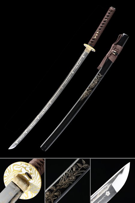 Japanese Sword, Handmade Katana Sword High Manganese Steel Full Tang With Black Scabbard