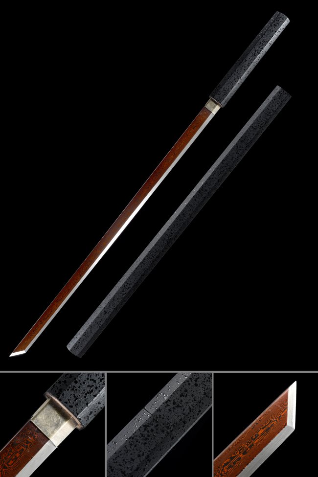 Damascus Steel Shirasaya with Dark Red Folded Blade & Black Lacquered Hardwood Saya