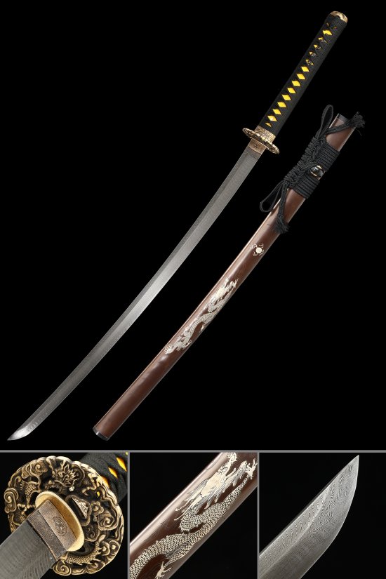 Damascus Steel Katana with Brown Lacquer Dragon Saya - Black & Gold Tsuka, 28.74" Blade