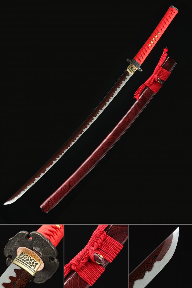 Damascus Steel Katana with Dark Red Folded Blade in Red Ito Wrap and Copper Tsuba - Full Tang Collectible Sword