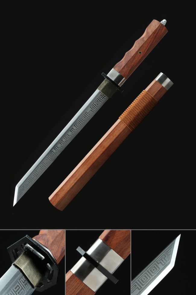 Hamidashi Tanto Manganese Steel With Engraved Geometric Hamon In Rosewood Saya