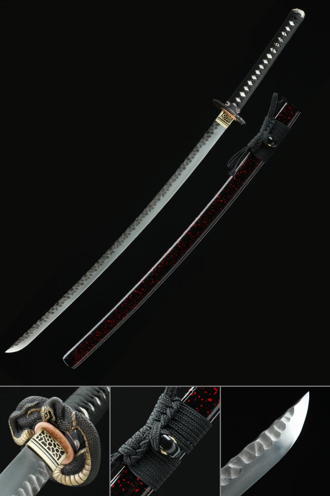 Damascus Steel Katana with Snake Tsuba - Black-Red Lacquer Saya, Chrome Hamon Blade