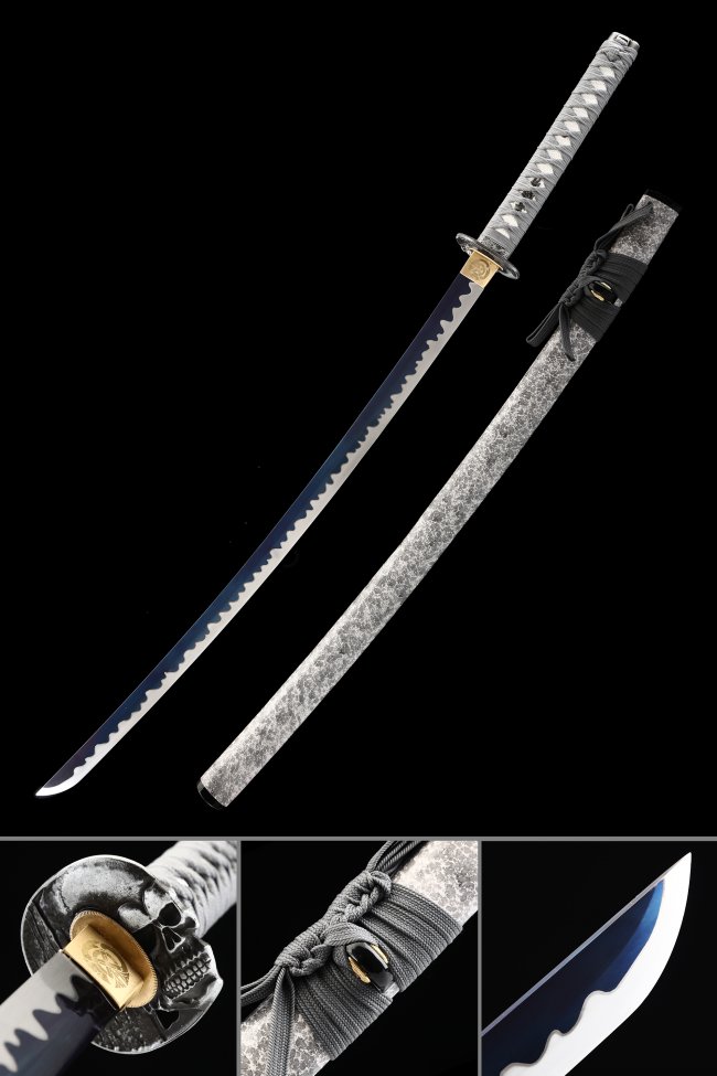 Manganese Steel Blue Blade Katana with Skull Tsuba in Gray Marble Saya - Full Tang