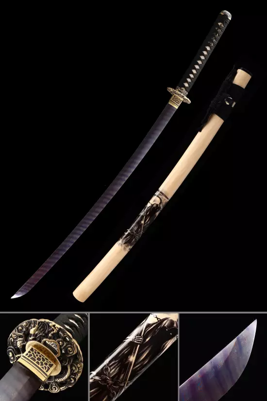 Handmade Damascus Steel Katana Sword Full Tang With Blue Blade And Natural Scabbard
