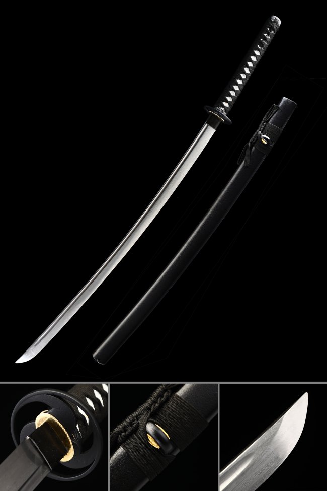 Damascus Steel Black Katana with Whirlwind Tsuba in Piano Lacquer Saya - Full Tang Samurai Sword