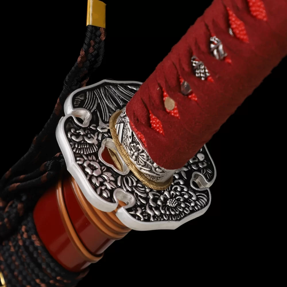 1090 Carbon Steel Katana with Red Lacquer Saya, Silver Floral