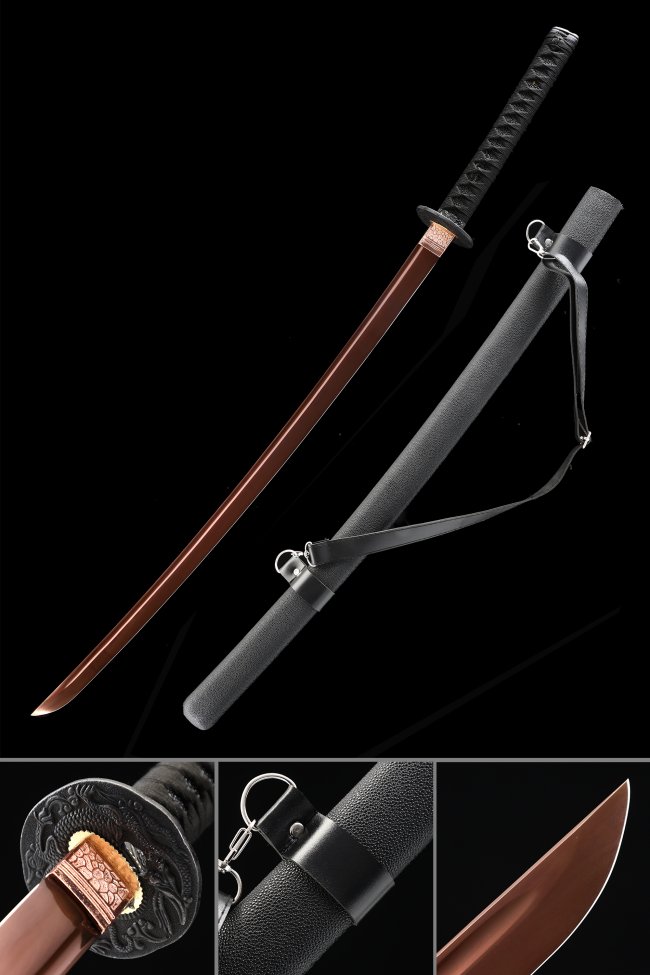 Manganese Steel Red Blade Katana with Dragon Iron Tsuba in Black PU Leather Saya and Strap