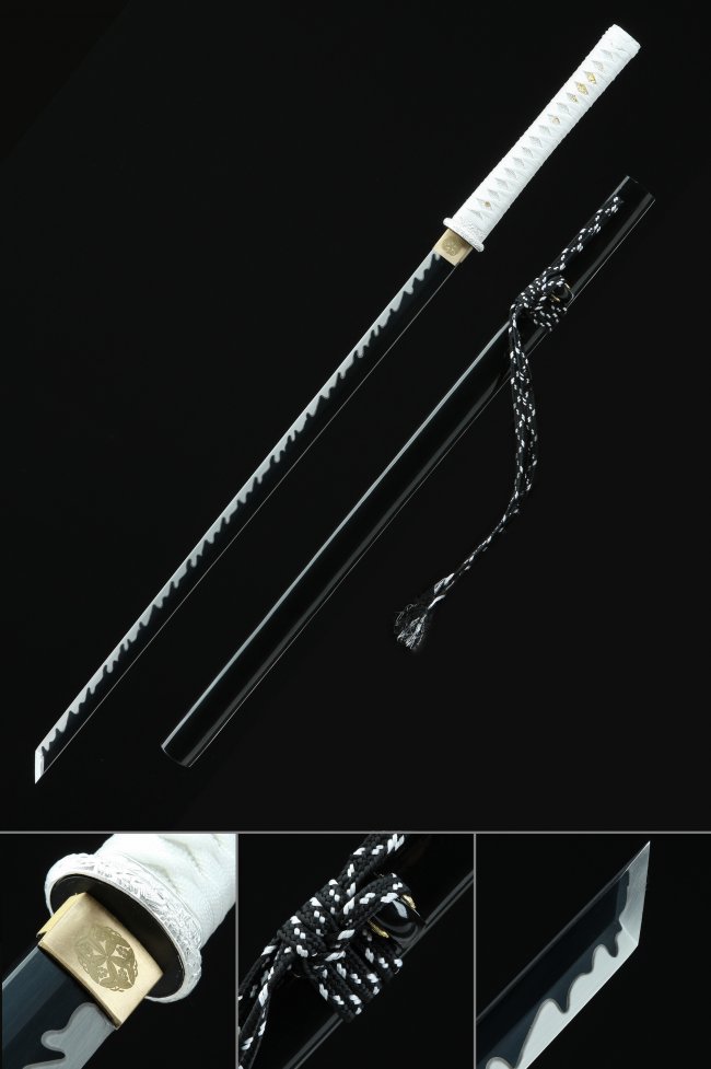 1095 Carbon Steel Straight Ninjato with Black Blade & White Ito - Piano Lacquer Saya