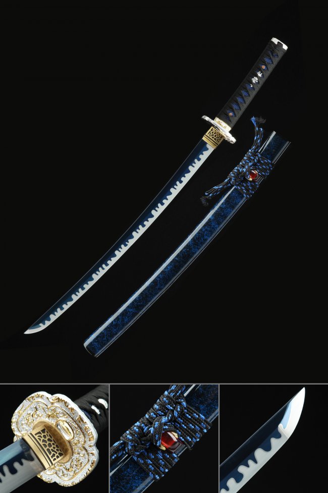 Blue Manganese Steel Wakizashi with Dragon Tsuba, Dark Blue Lacquer Saya & Hamon