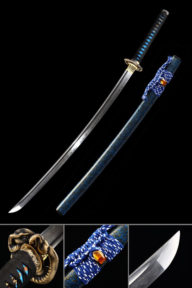Damascus Steel Katana with Real Hamon and Snake Tsuba in Blue Speckled Saya - Collectible Samurai Sword
