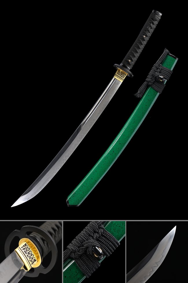 T10 Steel Wakizashi with Green Lacquer Saya - Hamon Blade, Black Cord Handle, Gold Tsuba