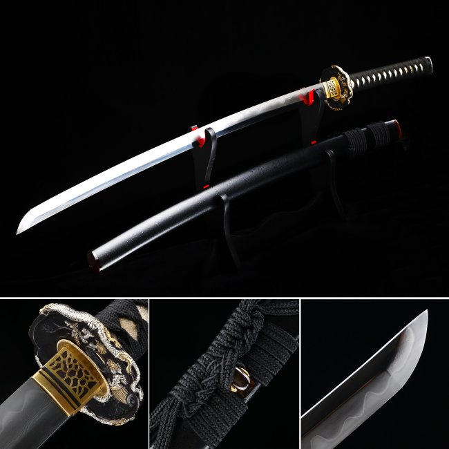 Damascus Steel Katana with Real Hamon - Black Saya, Dragon Tsuba, Full Tang Blade