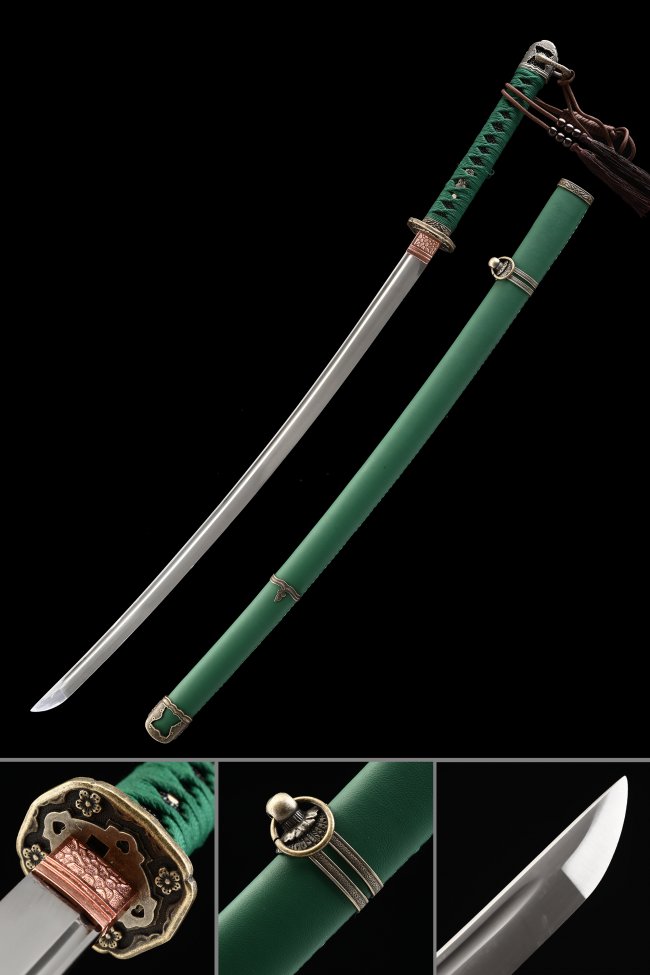 WW2 Type 97 Shin Gunto Katana Replica in Manganese Steel with Green Leather Saya and Floral Alloy Tsuba