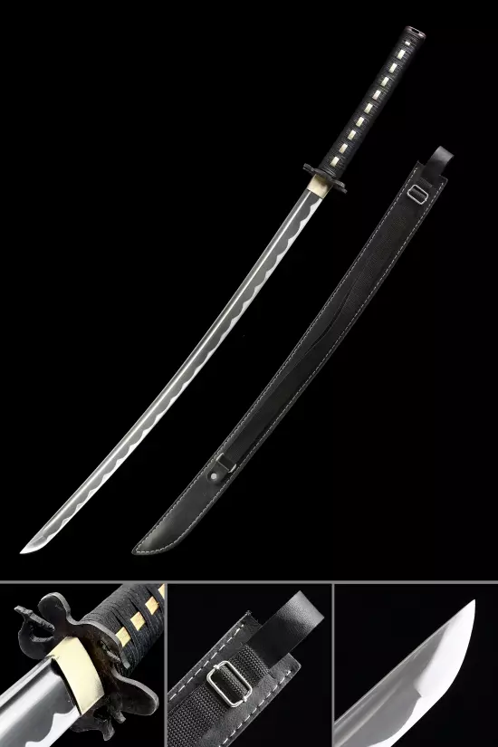 Handmade Nihonto Japanese Katana Sword Damascus Steel Full Tang With Black Scabbard