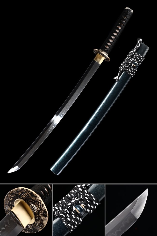 T10 Clay Tempered Wakizashi with Teal Lacquer Saya - Dragon Copper Tsuba, Black Ito
