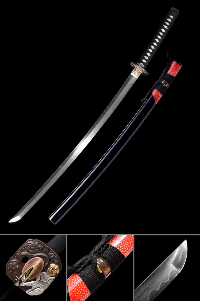 Damascus Steel Katana with Real Hamon, Lion Tsuba in Brown-Gold, Black-Red Koshirae