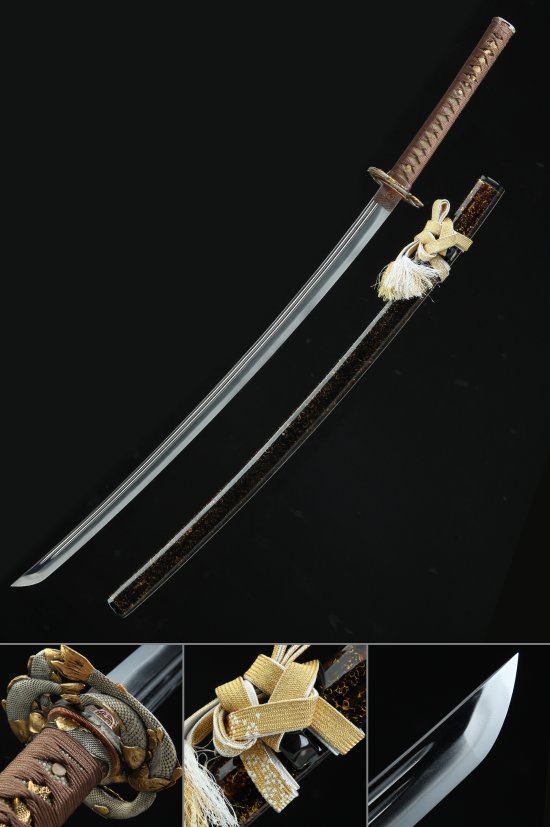Tamahagane Steel Katana with Koi Tsuba in Brown Samegawa - Gold-Gilded Koshirae
