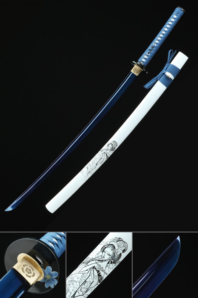 Blue Blade Manganese Steel Katana with Hand-Painted Geisha Saya in White and Floral Copper Tsuba