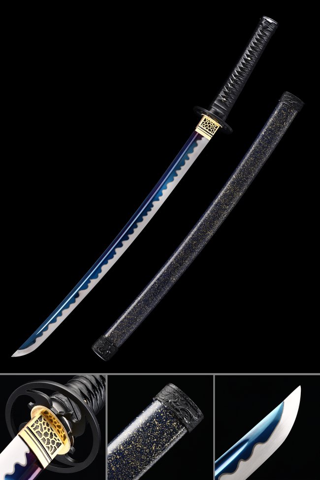Manganese Steel Blue Blade Wakizashi with Black-Gold Tsuba and Dark Blue Marble Saya
