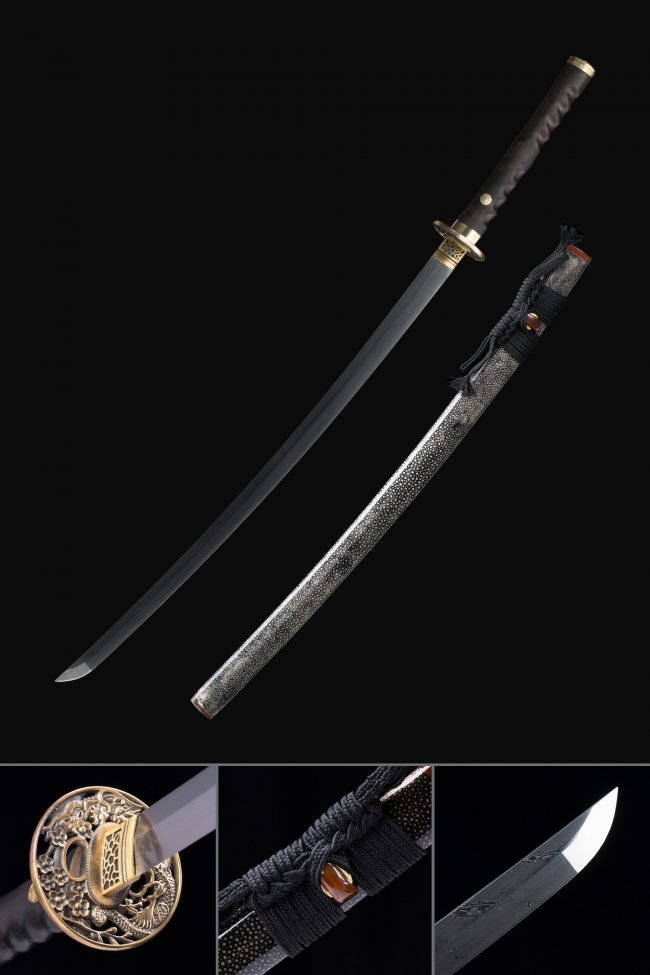 Real Katana T10 Steel with Gold Tiger Tsuba in Black Rayskin Saya - Folded Blade