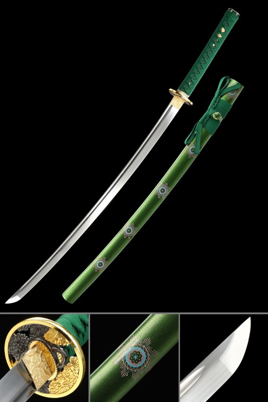 Chrysanthemum Tsuba 1095 Carbon Steel Katana, Real Hamon, Handmade & Green Flower Saya