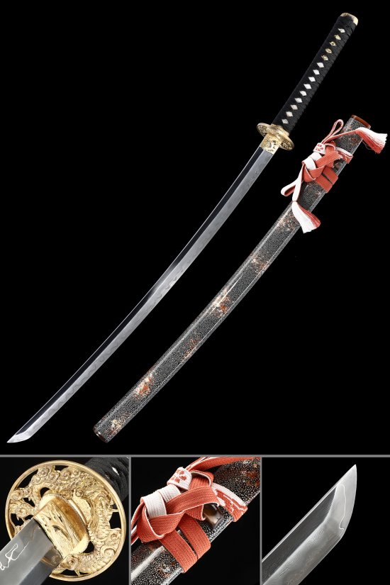 Damascus Steel Katana with Gold Dragon Tsuba in Black Rayskin Saya - Red-White Sageo