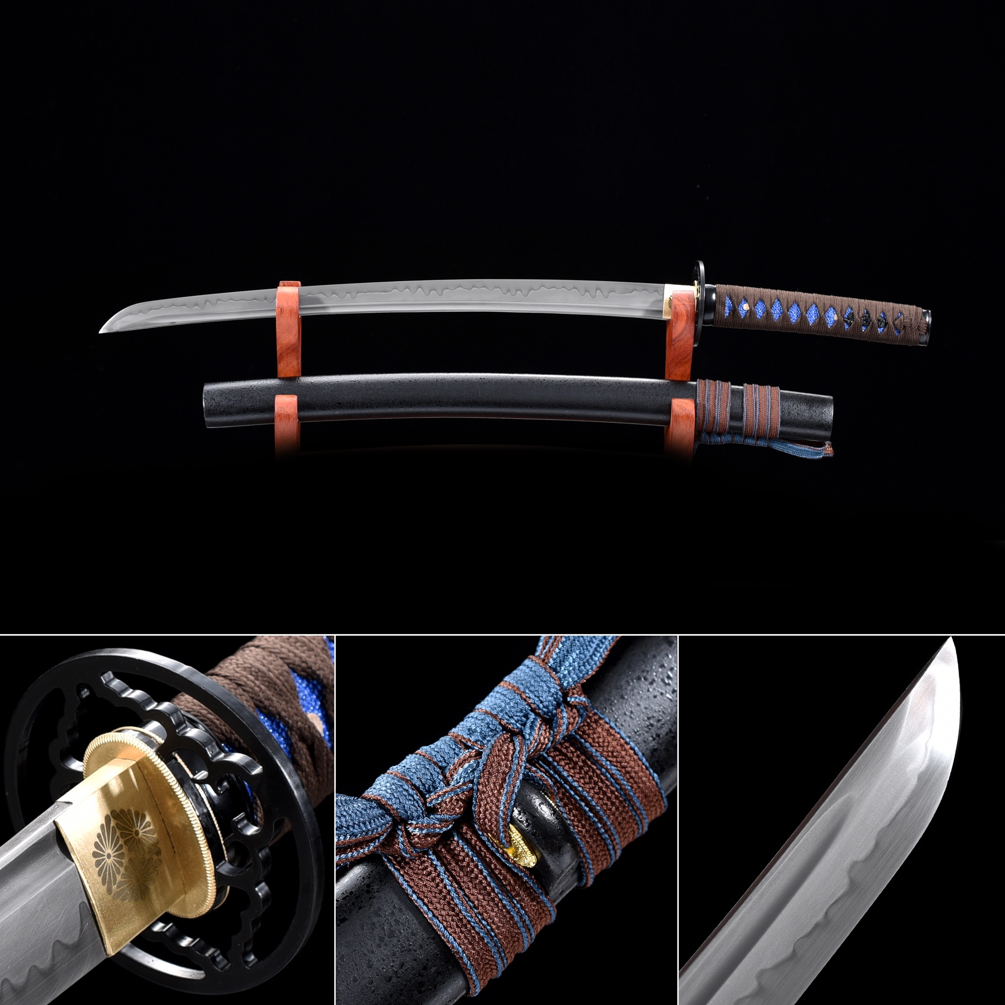 Handmade T10 Carbon Steel Real Hamon Japanese Wakizashi Sword With Black Scabbard And Round 