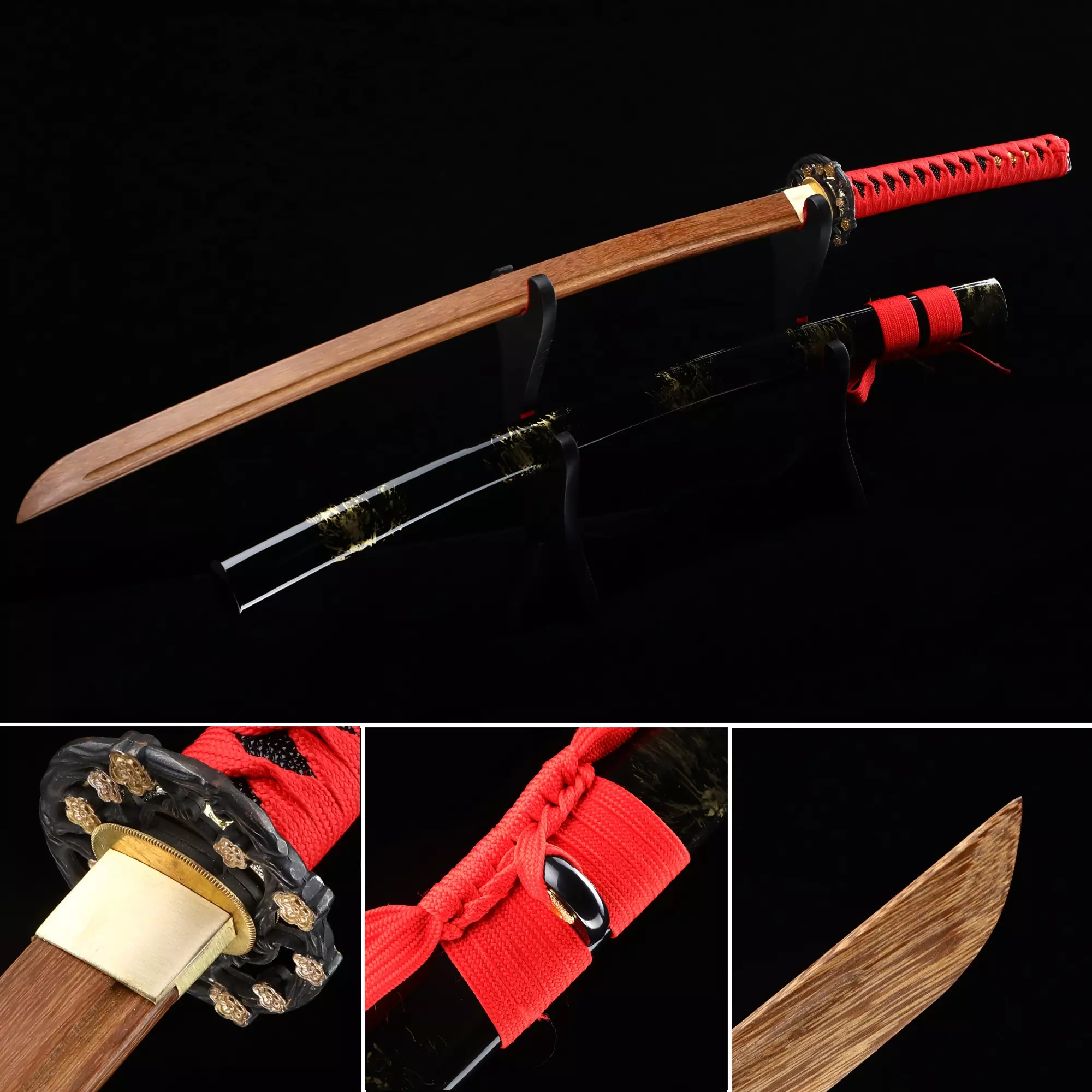 Handmade Japanese Wooden Sword With Brown Blade And Black Scabbard