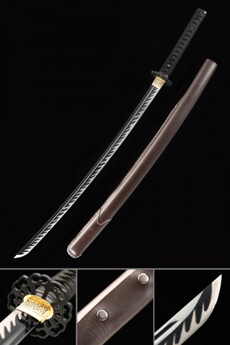 Handmade Japanese Katana Sword With Black Blade And Brown Leather Saya