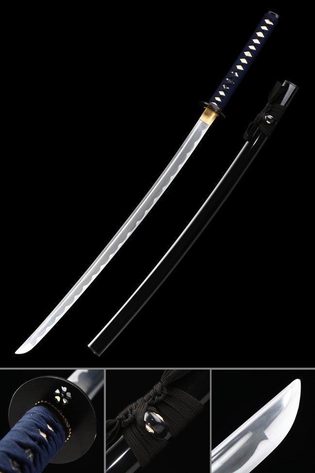 Black Aluminum Practice Katana - Unsharpened 41-Inch, Iron Tsuba, Dark Blue Handle, Training Sword