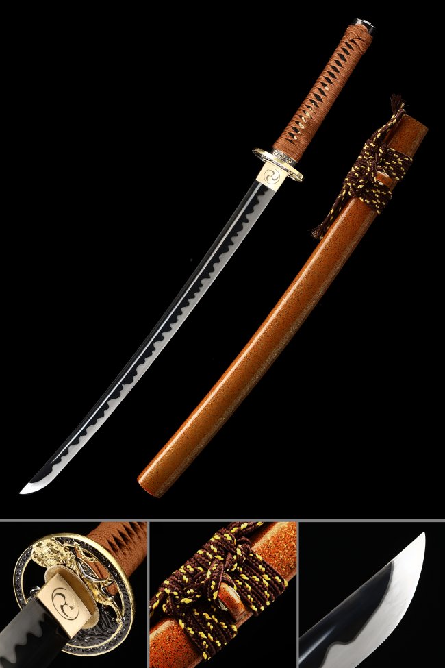 Manganese Steel Black Blade Wakizashi with Orange Hardwood Saya - Dragon Tsuba, Brown Ito
