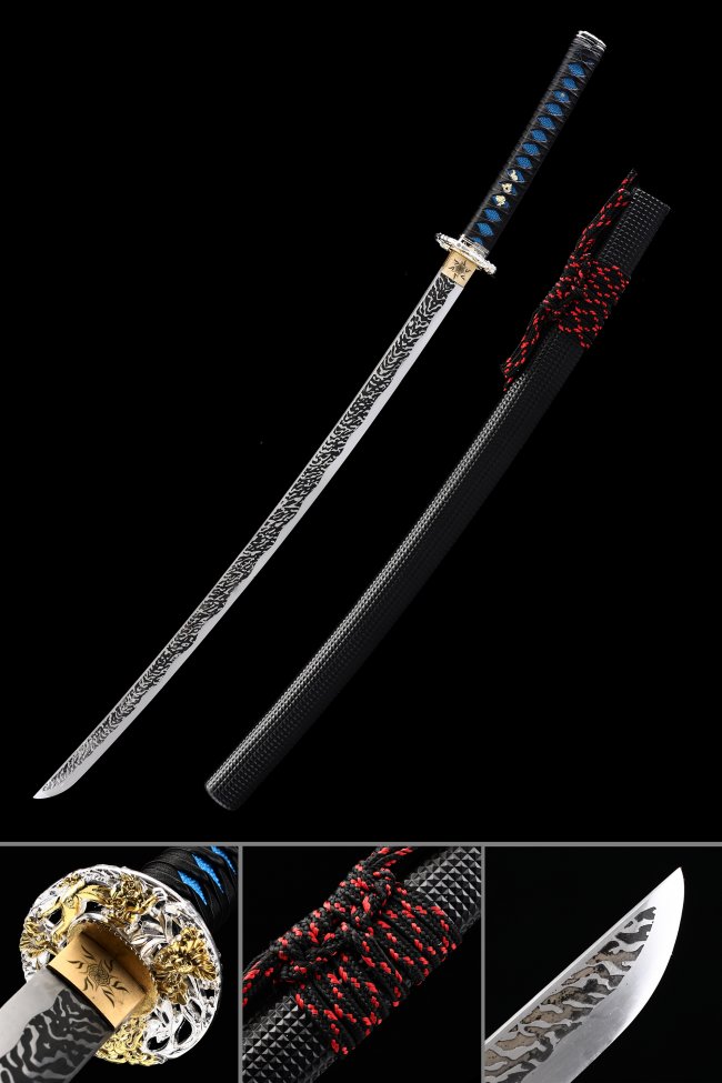 Manganese Steel Nihonto Katana with Wave-Engraved Blade in Black Leather Saya - Dragon Tsuba