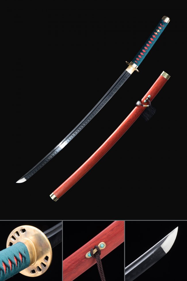Round Plain Tsuba T10 Carbon Steel Katana, Real Hamon, Handmade & Red Saya
