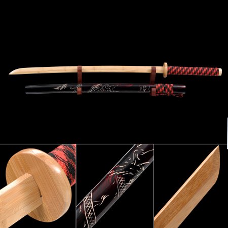 Handmade Natural Bamboo Wooden Blade Unsharpened Katana Sword With Dragon Scabbard And Bamboo Tsuba