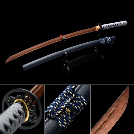 Handmade Brown Wooden Blunt Unsharpened Blade Katana Samurai Swords With Black Scabbard