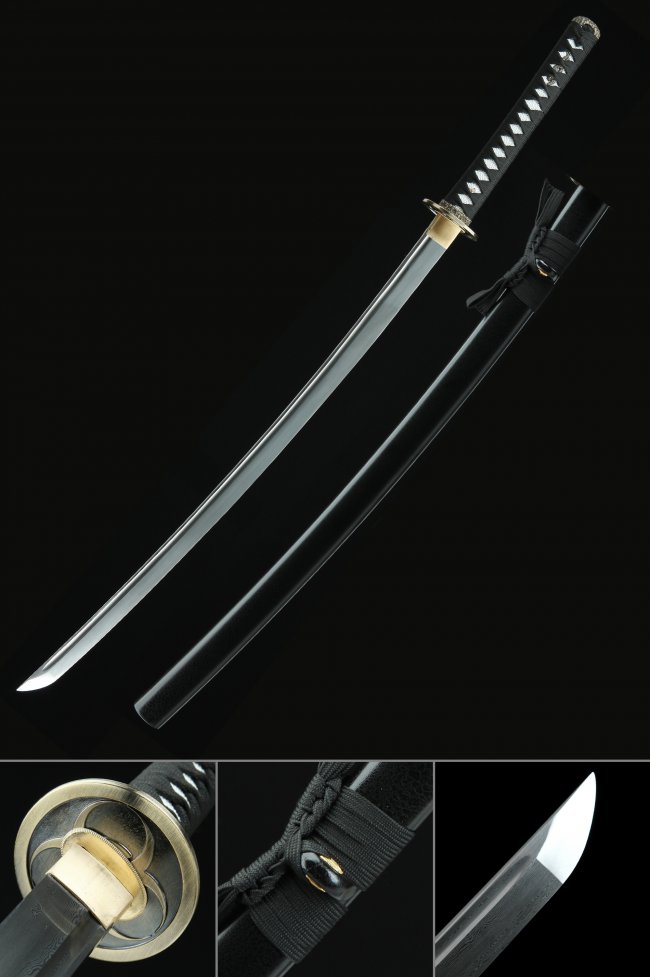 Damascus Steel Katana with Black Hardwood Saya and Gold Alloy Round Tsuba - Full Tang Collectible Sword