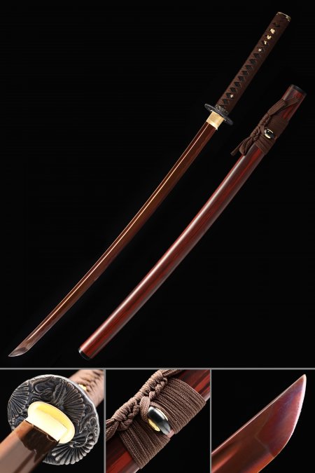 Purple Katana, Handmade Japanese Katana Sword 1045 Carbon Steel With Black Lotus Leaves Tsuba