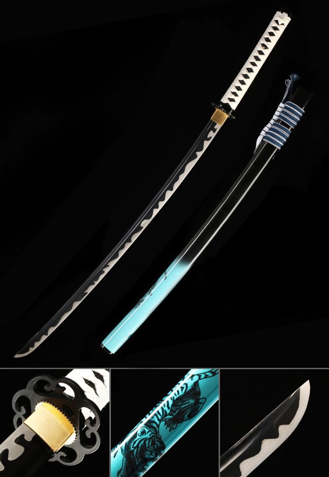 Black Blade Manganese Steel Katana with Blue Tiger Saya, White Tsuka & Cloud Tsuba