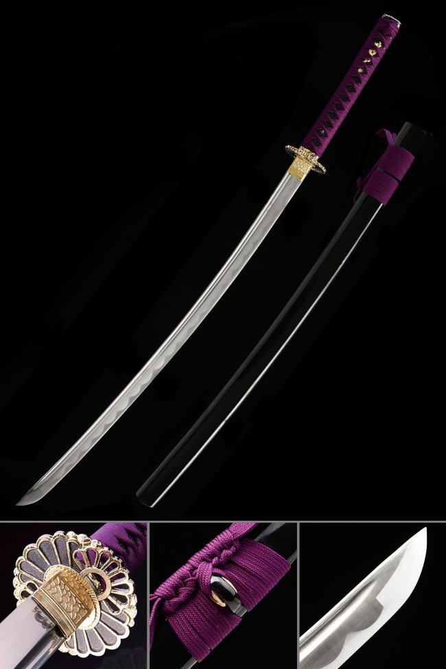 1045 Carbon Steel Katana Sword with Golden Sunflower Tsuba in Purple Ito and Black Piano Lacquer Saya